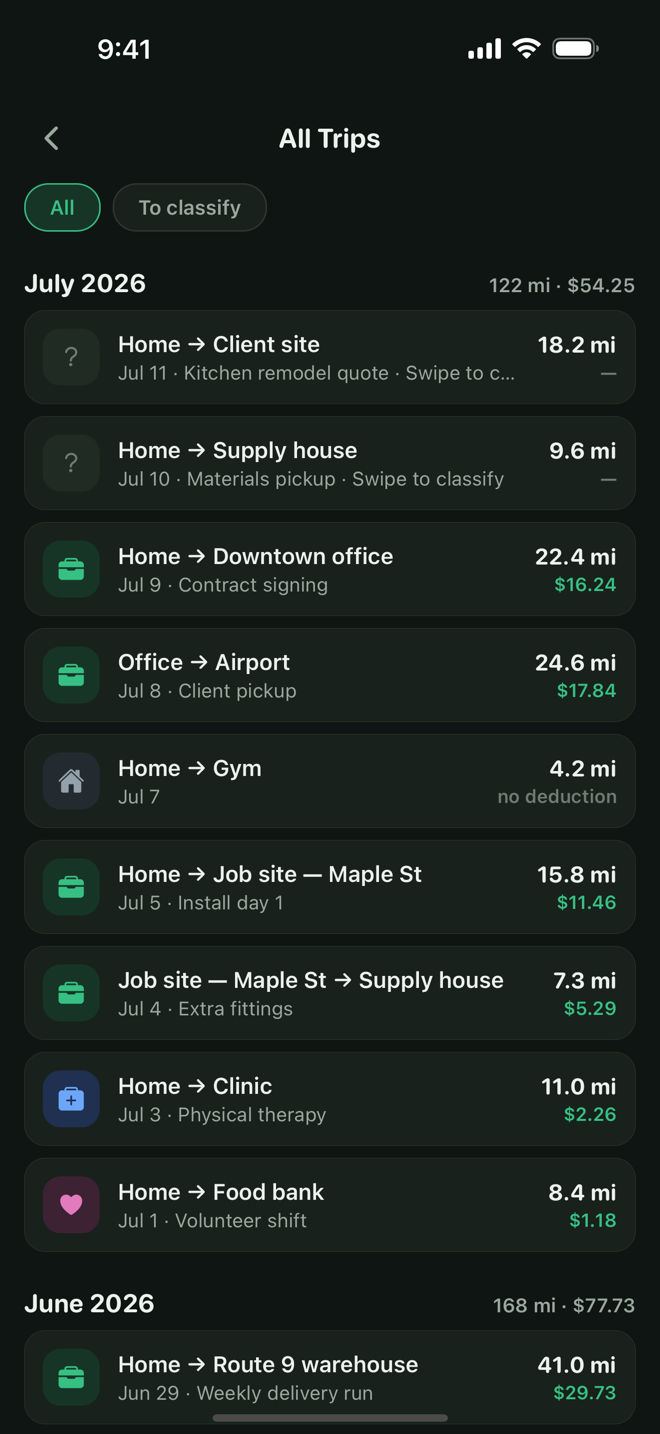 Odo trip list with swipe-to-classify