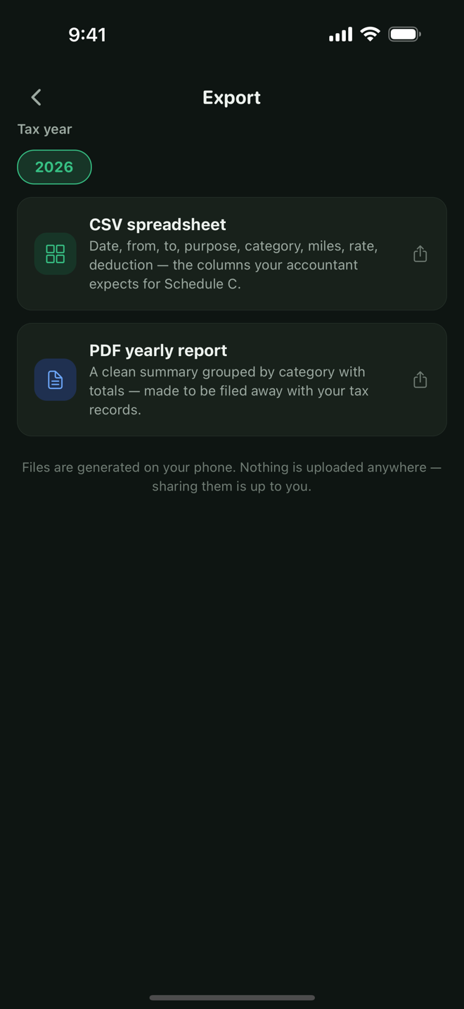 Odo tax-ready CSV and PDF export screen